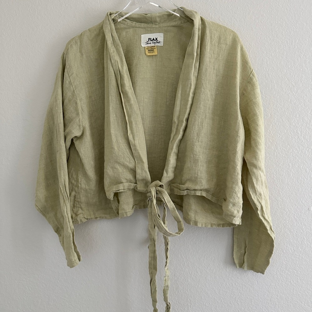 FLAX Linen Tie Front Wrap Cardigan Womens Medium Green Long Sleeve Cropped